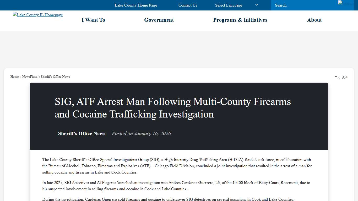 SIG, ATF Arrest Man Following Multi-County Firearms and Cocaine Trafficking Investigation • Lake County, IL
