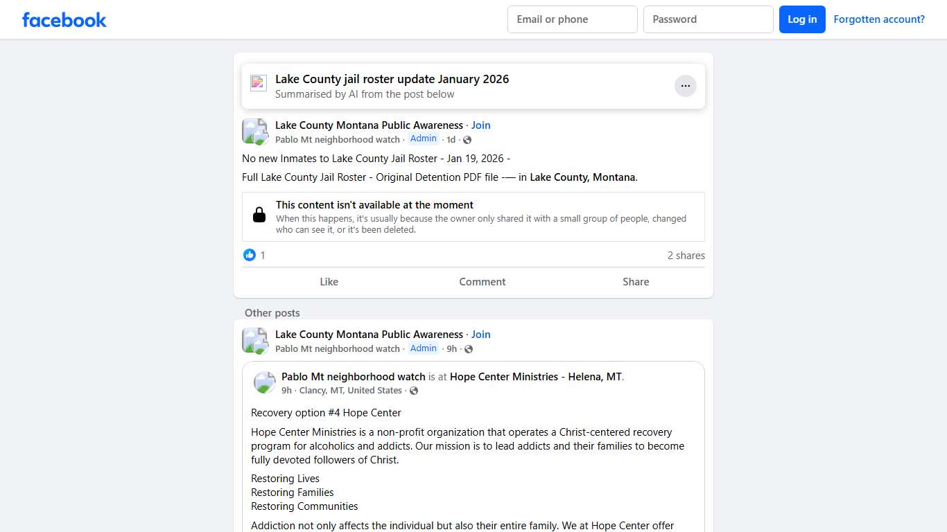 Lake County Montana Public Awareness | No new Inmates to Lake County Jail Roster - Jan 19, 2026 - | Facebook